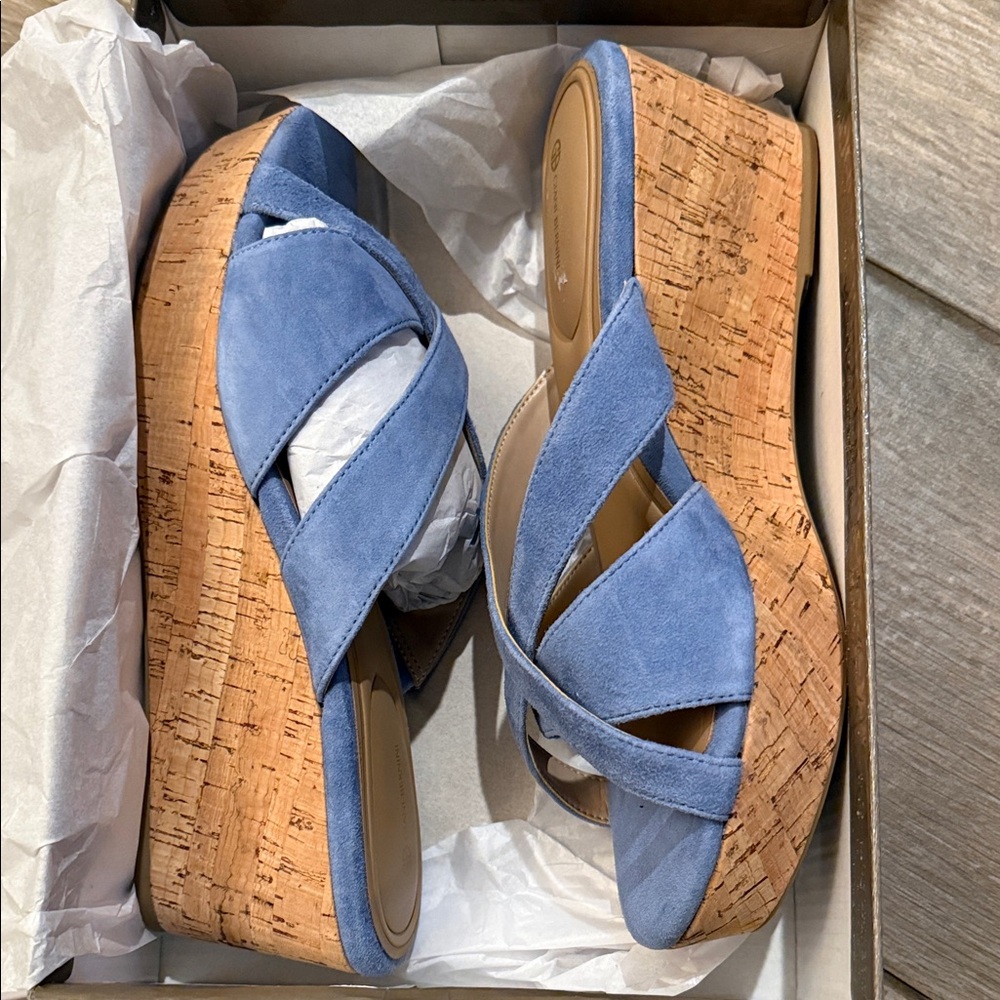 New Giani Bernini Light Blue Suede Crisscross Cork Wedge Slide Sz 9.5 M - Picture 2 of 9